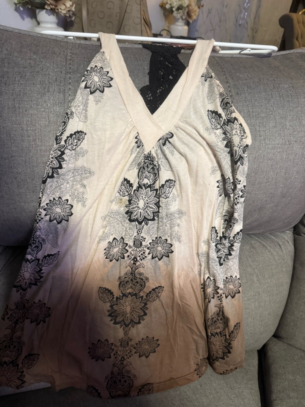 Beige Floral Print V-Neck Tank Top